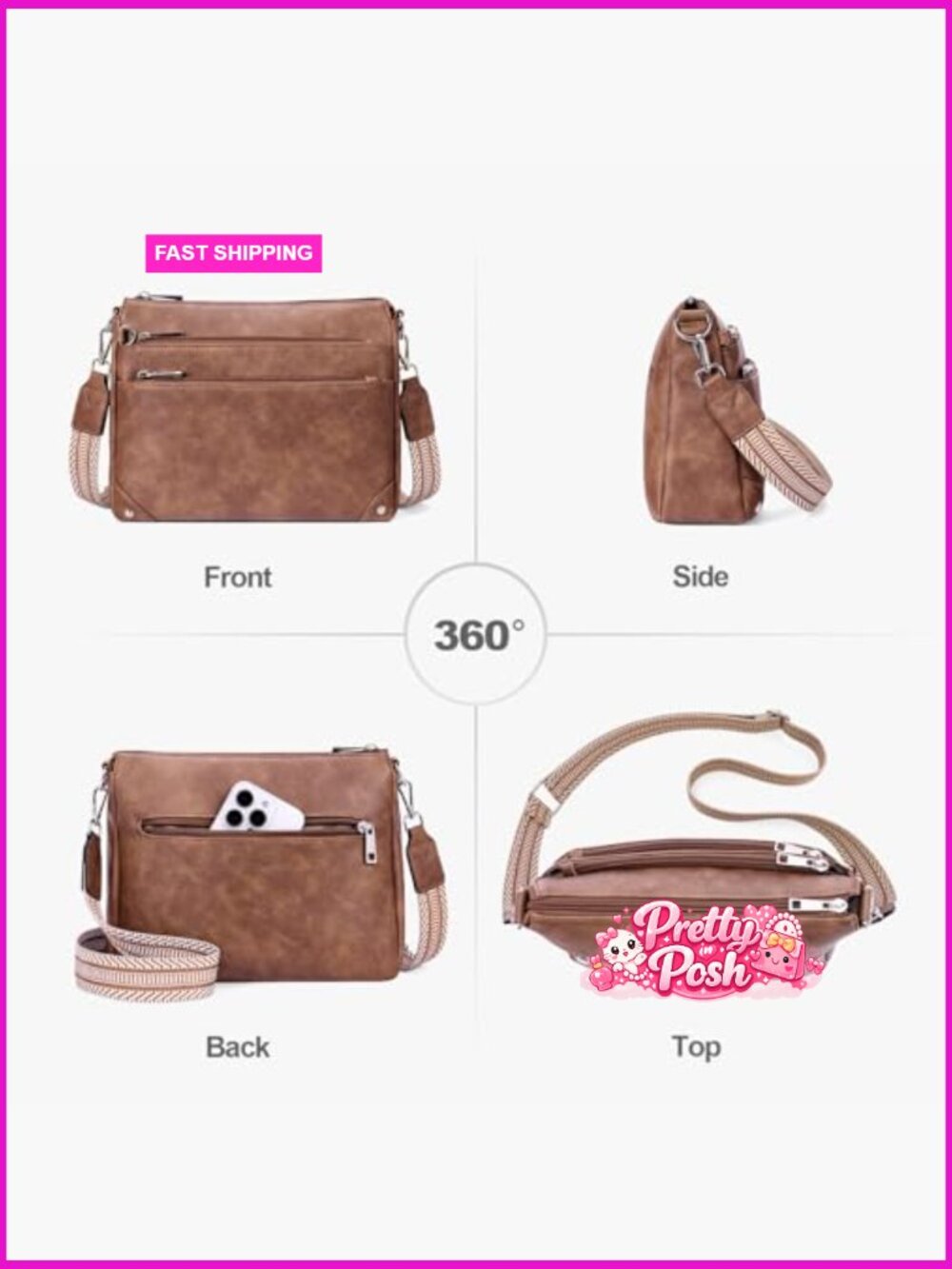 PU Leather Crossbody Bag with Adjustable Strap, RFID Protection - Picture 6 of 7